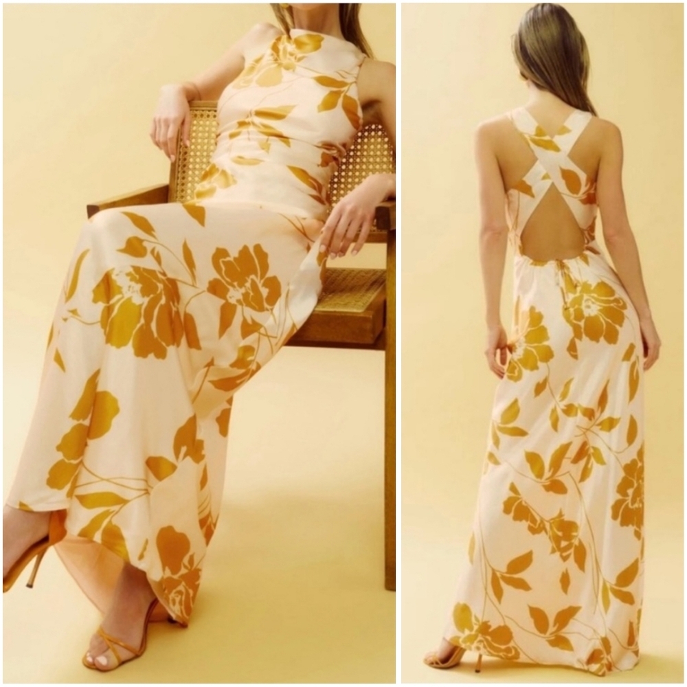 Reformation Anaiis 100% Silk Gold Floral Maracuya Maxi Dress 8 New - Picture 2 of 12